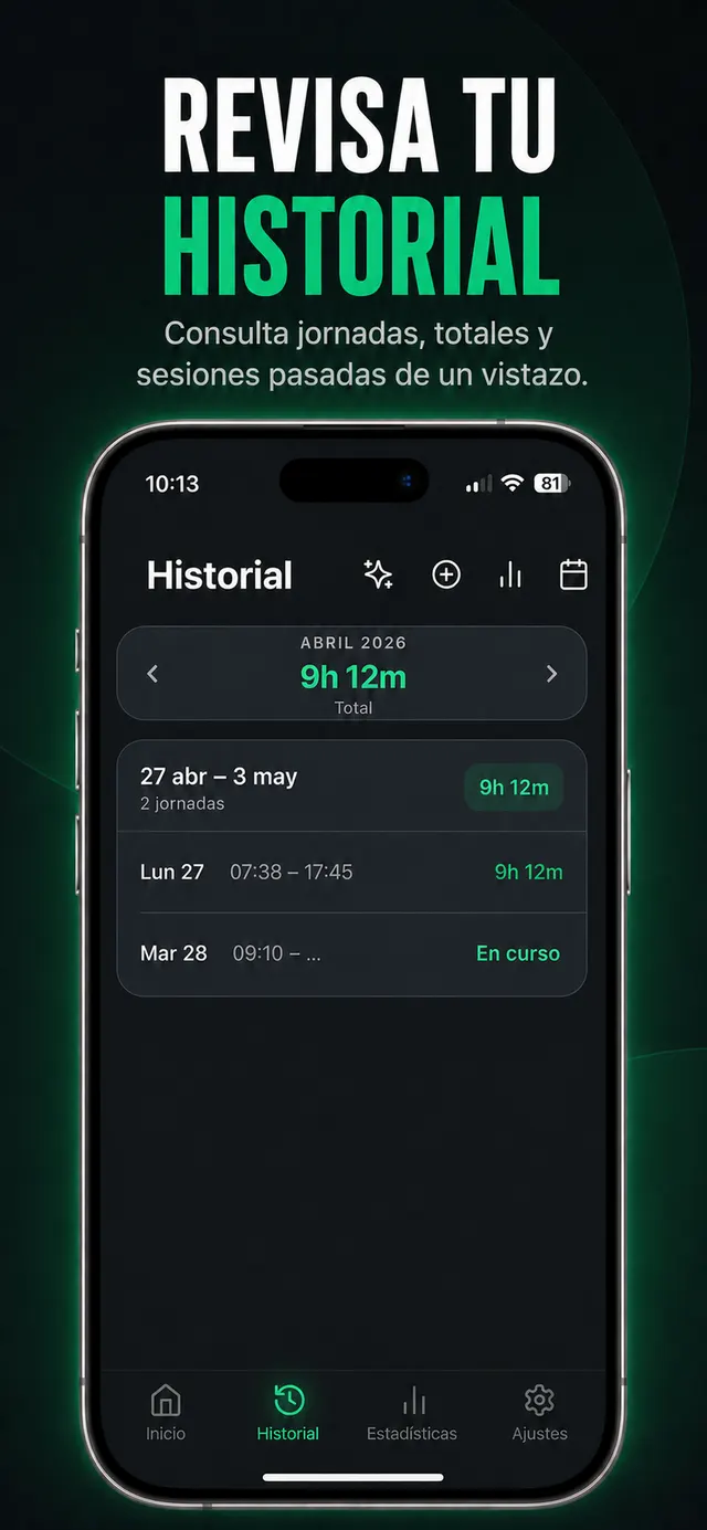 Pantalla de historial de JORN con totales mensuales